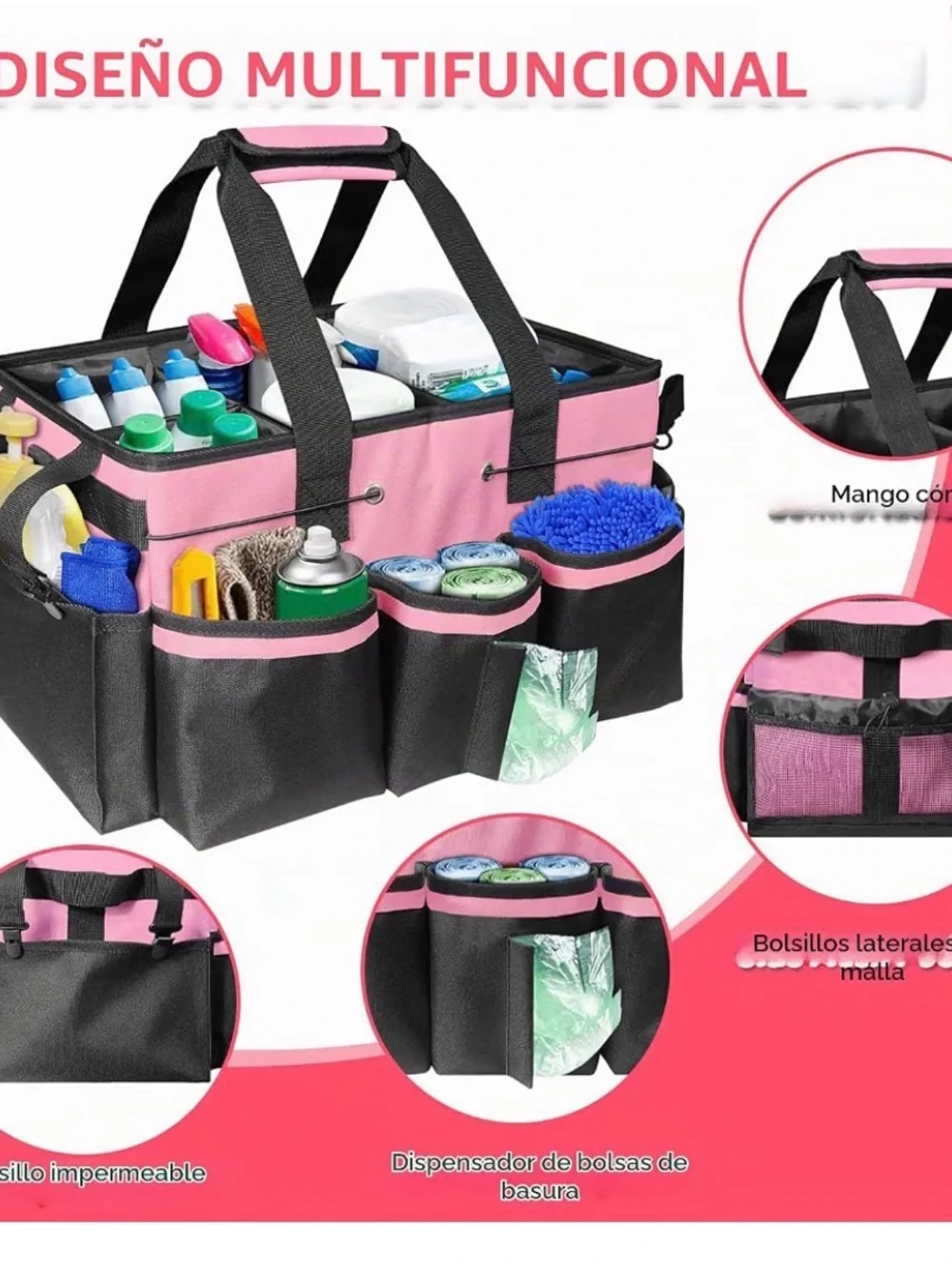 Pink & Black Open-Top Utility Tote Bag for Home Storage